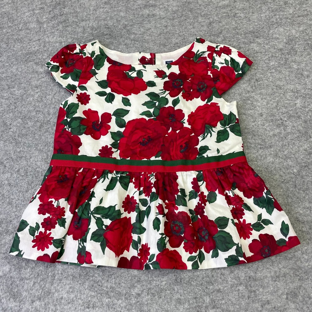 Janie and Jack Girls Red Rose Floral Peplum Top Cotton Button Back Size 3